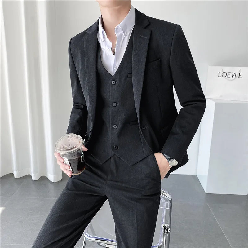 Bonsir Men Suit 3 Pieces Solid Color Slim Fitting For Business Leisure Commercial Wedding And Banquet Dresses Jacket Vest With Pants