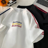 BONSIR  -  New Embroidery T-shirt Rainbow Coloured Letters T-shirt Fashion Striped Collision Summer Short-sleeved Tops Street Couple Tee