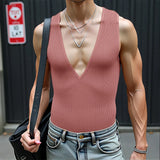 BONSIR  -  Men Tank Tops Knitted Deep V Neck Sleeveless Male Vests Summer Streetwear 2025 Solid Color Sexy Fashion Men Clothing