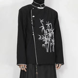 Bonsir Chinese Style Dark Embroidered Long-Sleeved Tops For Men In Autumn  Fashion Trend Stand-Up Collar Design Hanfu Casual Suit Tops