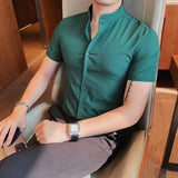 Bonsir Men's Summer Fashion Stand Collar Business Casual Short Sleeve Shirt Luxury Slim Fit Solid Dress Shirt Brand Men Clothes 5XL-M