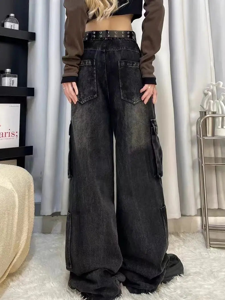 Bonsir High Street American style autumn personalized straight tube workwear pants new loose and retro trend floor mopping denim pants