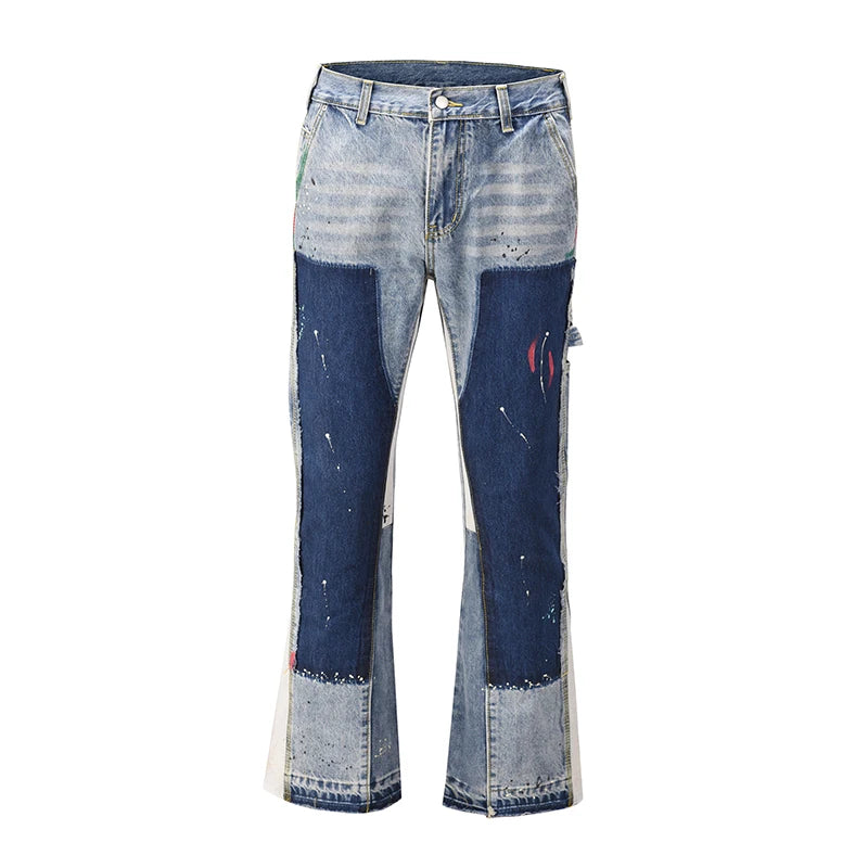 Bonsir High Street Washed Color Match Frayed Micro-flared Jeans Mens Straight Spliced Retro Loose Casual Denim Pants Hip Hop Trousers