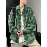 BONSIR  -  American retro white navy plaid shirt men's autumn tide brand sanding shirt coat loose casual shirt