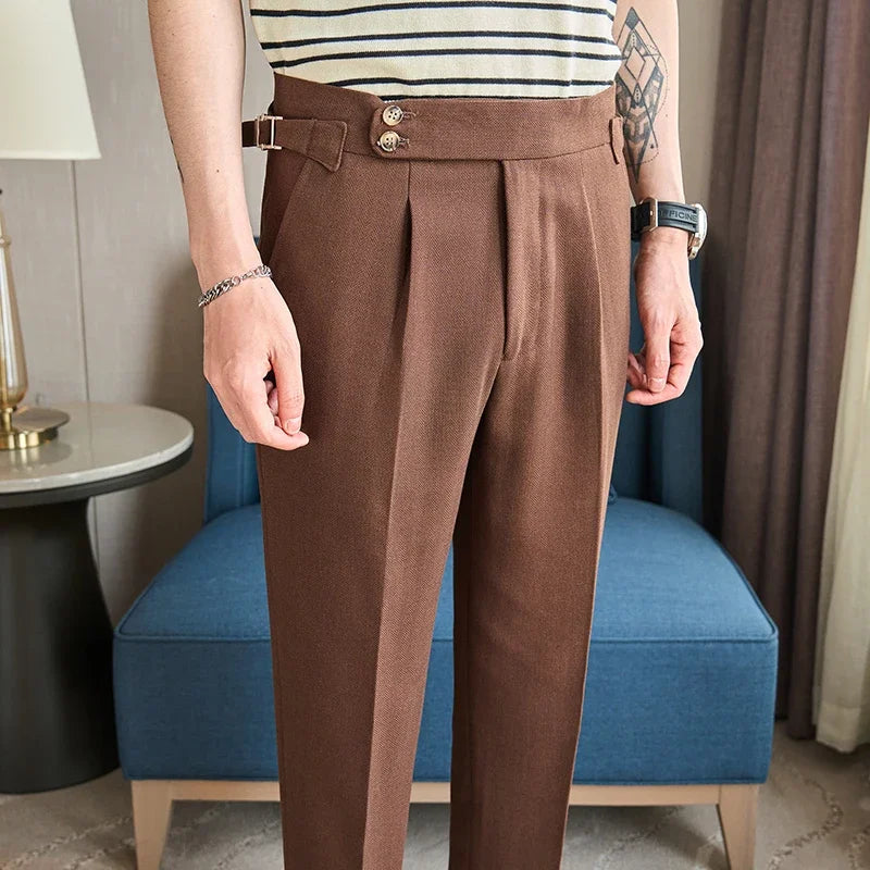 Bonsir British Style Naples Men's High-end Linen Pants High Waist Straight Slim Fit Casual Trousers High Quality Solid Social Suit Pant