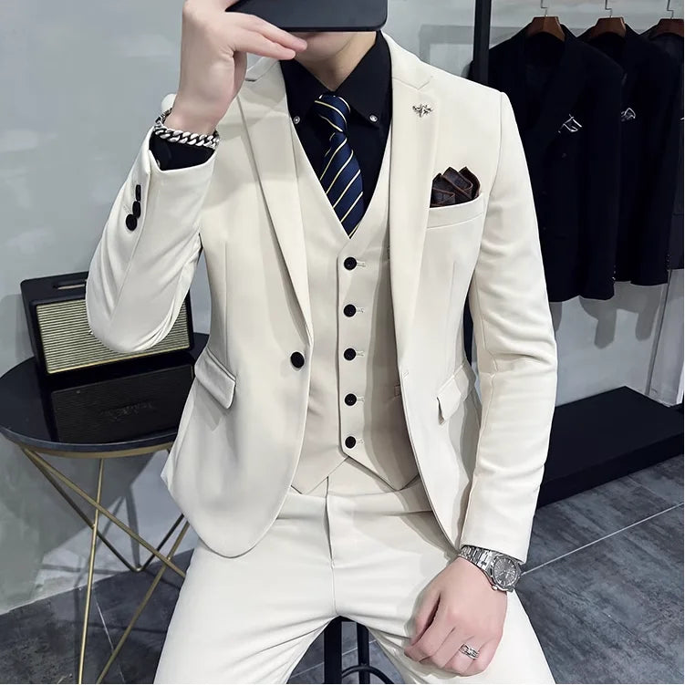 Bonsir (Jacket +Vest+Pants) New Mens Wedding Suits Groom Solid Color Formal Office Business Slim Fit Suit Tuxedos 3-Pieces Set