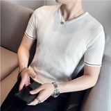 Bonsir British Style Summer Thin Ice Silk Hollow Knitted T-shirt Mens Elasticity Mesh Casual V-neck Short Sleeve Breathable T Shirt