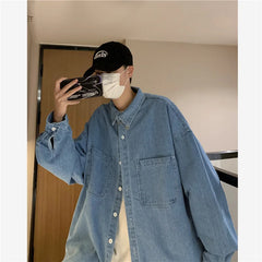 Bonsir Autumn ins high street cowboy shirt men's design inside couple simple long sleeve outside Lapel shirt Denim camisa jeans