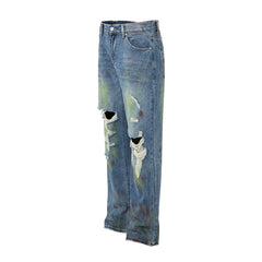 Bonsir Green Painted Hole Washed Blue Baggy Jeans Mens Streetwear Distressed Casual Loose Denim Trousers Ropa Hombre Frayed Cargo Pants