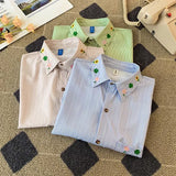 BONSIR  -  Striped Embroidery Men's Short Sleeved Shirt Loose Casual Lapel Male Blouse Summer Thin Japanese Versatile Top