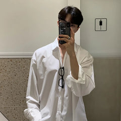 Bonsir Long shirt New Solid Loose Boyfriend Blouse Korean Shirt Men Gray White Black Turn Down Collar Casual Oversized Shirt