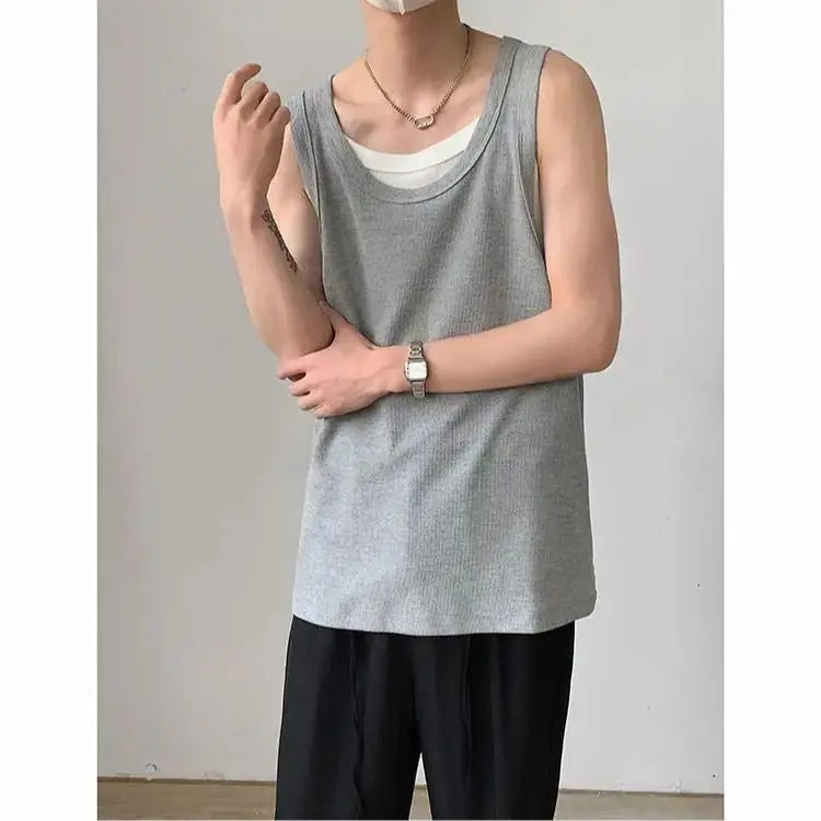 Bonsir Summer Thin Fake Two Casual Loose Men's Sports Outer Sleeveless Vest American Old Man Fitness Shirt Tops