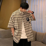 BONSIR  -  Summer Casual Plaid Short Sleeve Shirts for Men Retro Youth Casual All-match Streetwear Tops Korean Fashion Mens Shirt Coat