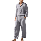 BONSIR  -  Summer Casual Mens Linen Two Piece Suits Leisure Breathable Long Sleeve Shirt And Trousers Men Outfits Fashion Solid Color Sets