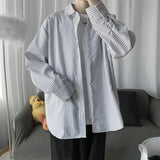 BONSIR  -  Japanese Stripe Men Shirt Bf Style Long Sleeved Blouse Korean Hong Kong Style Loose Casual Man Blusas Autumn Chic Jacket