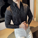 Bonsir High Quality Jacquard V-neck Shirt Men's Long Sleeved Slim Fit Casual Business Social Party Tuxedo Dress Shirts Black/White 4XL