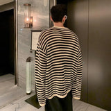 Bonsir Spring and Autumn Mens Y2K Retro Crochet Knitting Niche Stripe Design Hollow Long-sleeved Sweater Men's Round Neck Casual Tops