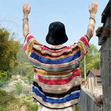 Bonsir Mens Rainbow Striped T-Shirt Daily Hollow Breathable Streetwear Personality Youth Versatile Tops Men'S Clothing 2024 Summer