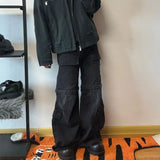 Bonsir Vintage Washed Detachable Flared Cargos Mens Straight Casual Baggy Overalls Oversized Streetwear Boot Cut Black Color Trousers