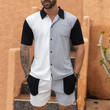 BONSIR  -  Leisure Breathable Knitted Outfits For Men Summer Short Sleeve Loose Shirt And Shorts Two Piece Sets Mens Casual Knitting Suits