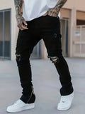 BONSIR  -  Men's Slim Fit Black Jeans - Street Style, Cotton Blend, Mid-Stretch Fabric, Ripped Detail, All-Season Wear