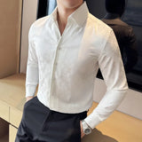 Bonsir High Quality Jacquard V-neck Shirt Men's Long Sleeved Slim Fit Casual Business Social Party Tuxedo Dress Shirts Black/White 4XL