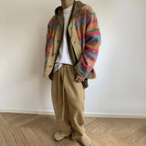 Bonsir Mens Jacket Rainbow Stripes Contrast Color Casual Jacket Autumn Streetwear Personality Retro Ethnic Jacket Men'S Clothing