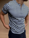 BONSIR  -  Casual Mens Striped T-shirts Summer Slim Fit Short Sleeve Pullover Tops New Fashion Zipper O-Neck Tee Shirts Men Streetwear