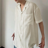 BONSIR  -  Men Shirt Lapel Short Sleeve Summer Loose Casual Tops Streetwear Shirts 2025 Patchwork See Through Stylish Men Clothing