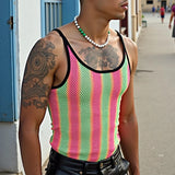 BONSIR  -  Men Tank Tops Striped Colorful See Through Mesh Male Vests Summer Sexy O-neck Sleeveless Fashion Men Clothing Tops 2025