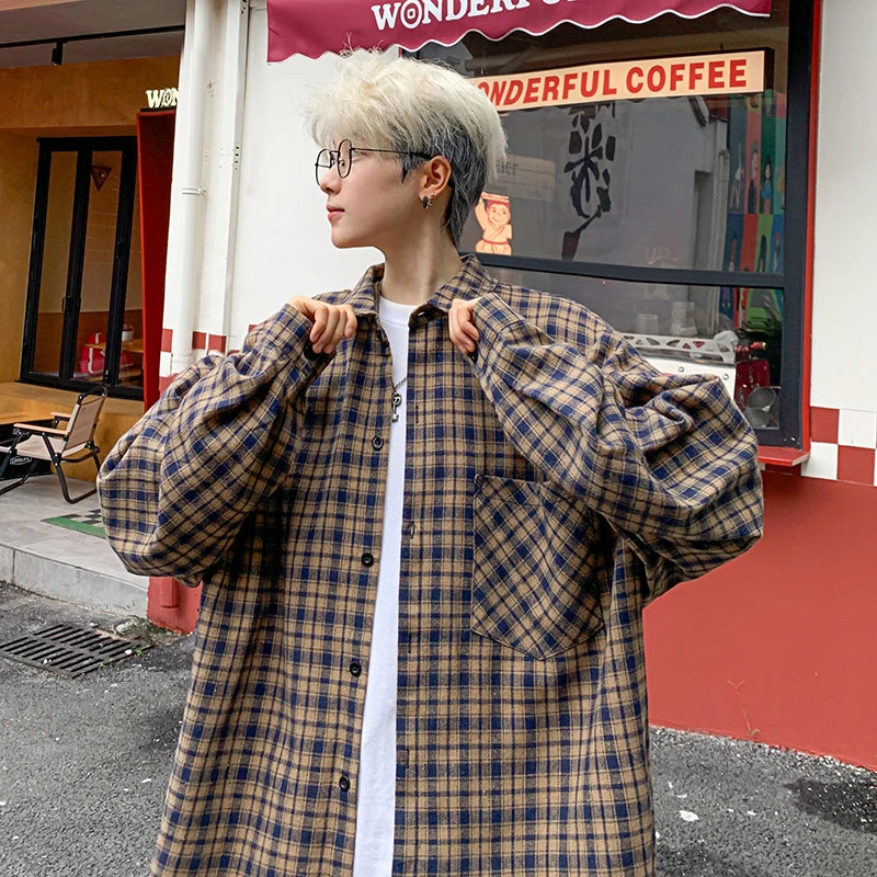 Bonsir Harajuku Long Sleeve Plaid Shirts Men Autumn Loose High Street All-match Shirt Gentleman Camisa Check Tops Stylish 5XL-M