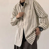 BONSIR  -  Men's Vertical Striped Long Sleeved Shirt Japanese Retro Loose Lapel Top Casual Single Breasted Male Thin Coat