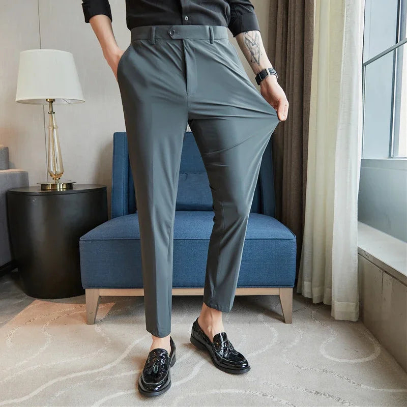 Bonsir Men High Elastic Ice Silk Pants Men Spring Summer Slim Business Office Social Trousers High Quality Breathable Casual Pant