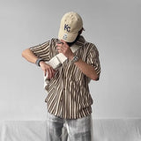 Bonsir Mens Shirts Striped Knitted Casual Tops Streetwear Fashion Beach Vacation Camping Short Sleeve Shirts Men'S Clothing Summer