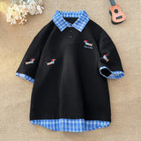 BONSIR  -  Korean Dog Embroidery Plaid Polo Short Sleeve T-Shirt 2025 Summer Retro Couple T-shirts Splicing Fake Two Pieces Simple Tops