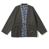 BONSIR  -  Vintage Patchwork Cargo Jackets Mens Japan Style Double-faced Cardigan Kimono Harajuku Loose Casual Cotton Plaid Coats Male