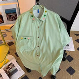 BONSIR  -  Striped Embroidery Men's Short Sleeved Shirt Loose Casual Lapel Male Blouse Summer Thin Japanese Versatile Top