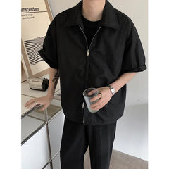 BONSIR   -  Summer Short Sleeved Shirt Men Fashion Oversized Zip Shirt Men Korean Loose Black White Dres Shirts Mens Ice Silk Shirt M-2XL