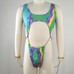 Bonsir Men Nightclub Jumpsuit Colorful Printed Chain T Shaped Jumpsuit Sexy Erotic Lingerie Fetish Nightwear Bodysuit Siamese Underwear