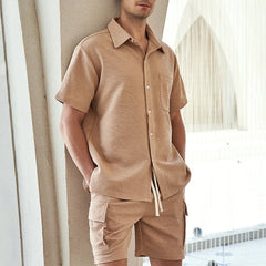 Bonsir Leisure Men's Two Piece Outfits Casual Solid Color Loose Breathable Short Sleeve Shirt And Shorts Beach Men Suits Spring Summer