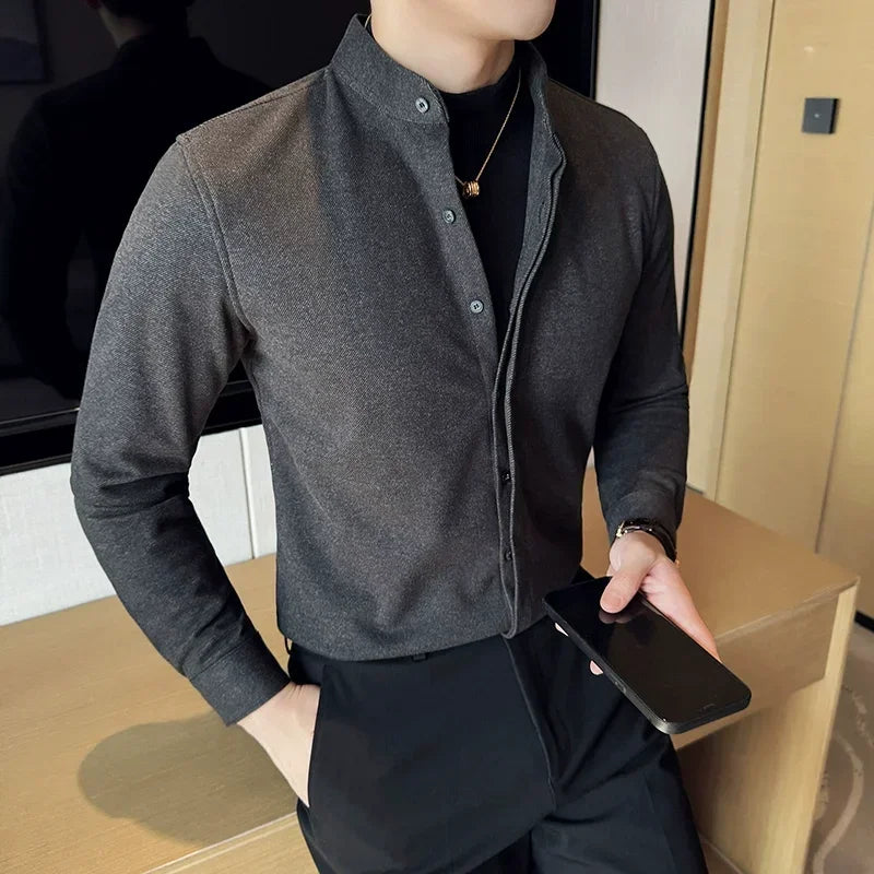 Bonsir Autumn Winter Fake 2-Piece Stand-up Collar Warm Shirt High Quality Thickened Woolen Men Business Slim Fit Casual Shirt 4XL-M