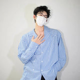 BONSIR  -  White Long Sleeved Shirt Men Fashion Society Mens Dress Shirt Korean Loose Blue Striped Shirt Mens Double Breasted Casual Shirt