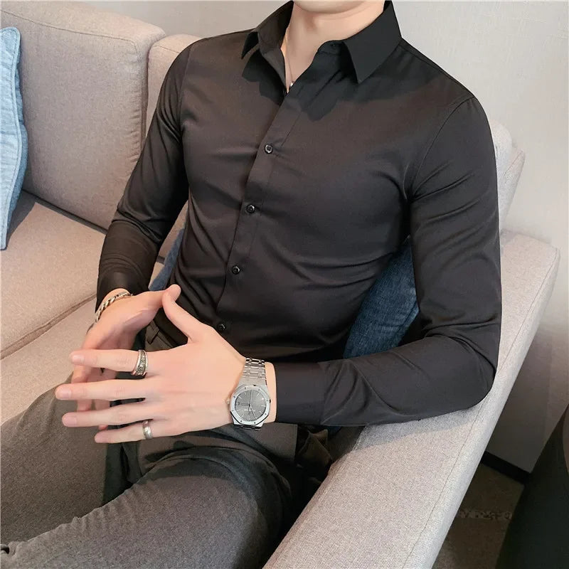 Bonsir Plus Size 7XL-S Men Shirt High Quality Fashion Solid Slim Fit Business Shirt Formal Casual Social Party Dress Men's Clothing