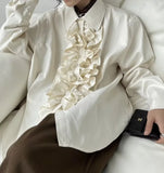 BONSIR  -  Medieval Palace Style Standing Collar Lotus Leaf Placket Long Sleeve Shirt Neutral Style Design Shirt Men's Performance Costume