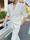 Bonsir Summer Side Button Short Sleeved Suit Men Slim Fit Business Casual Solid Color Loose Suits Homme (Jacket + Pants+Belt)