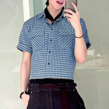BONSIR  -  Men Plaid Shirt Lapel Short Sleeve Pockets Korean Style Men Clothing Summer Loose 2025 Streetwear Causal Male Crop Tops