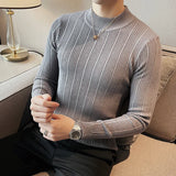 Bonsir Plus Size 4XL-M Autumn Winter Half Turtleneck Stripe Sweater Men Elastic Knitting Pullover Korean Slim Solid Tight Sweater Tops