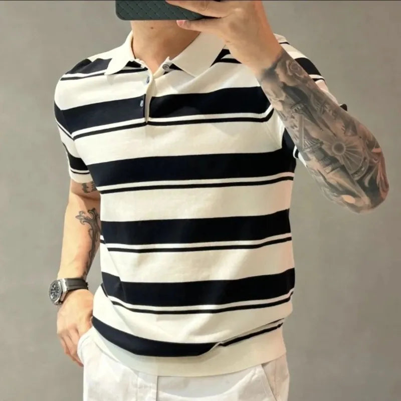 Bonsir Smart Casual Summer Polo Shirts Men Turn-down Collar Striped Contrast Color Button Simplicity Fashion Loose Short Sleeve Tops