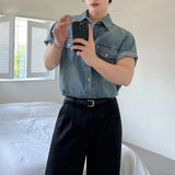 BONSIR  -  Retro washed denim shirt men's summer loose casual short-sleeved shirt Korean commuter half-sleeved top