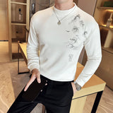Bonsir Ink Painting Printed T-shirt Men's Autumn Winter Half High Collar Velvet Slim Fit Long Sleeve Tee Warm Casual Base Inner TShirts